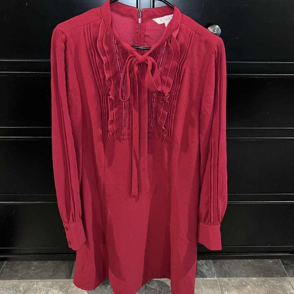 Nanette Lepore Maroon‎ Dress Size 14 Front Tie Neck Smock L/S Knee Length Lined